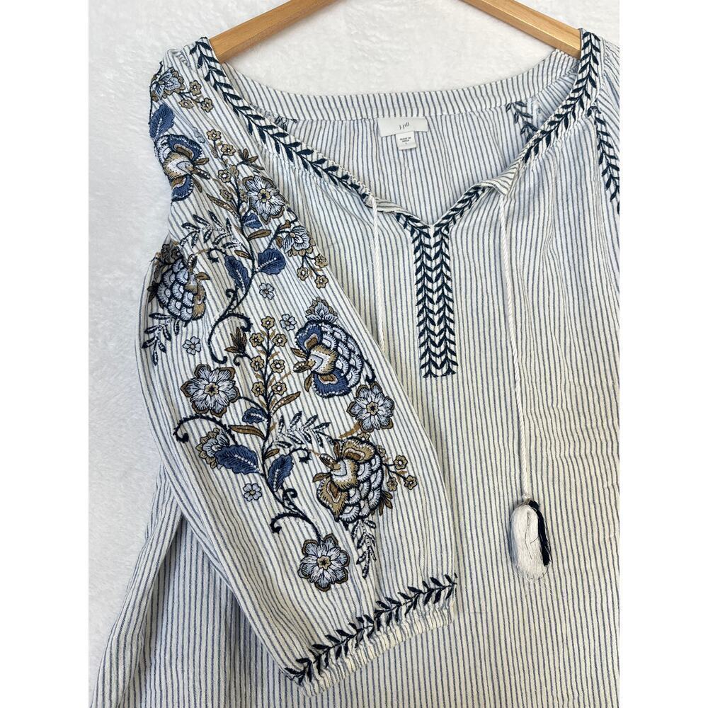 J. Jill Embroidered Pinstripe Tunic Dress sz L Coastal Coverup Vacation Bohemian - Picture 3 of 9